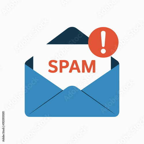 Blue open envelope displays a warning sign indicating an unwanted spam email message.