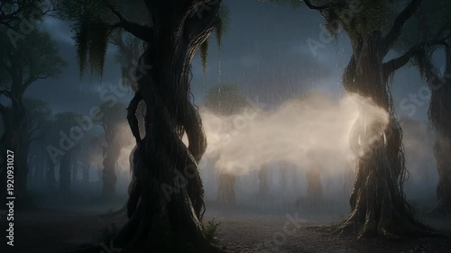 Enigmatic Rainy Forest Landscape with Twisted Trees and Ethereal Mist