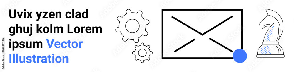 Obraz premium Business strategy, email marketing, innovation, problem solving, decision making, teamwork. Outline icons of an envelope, gears and chess knight. Email marketing and business strategy concept