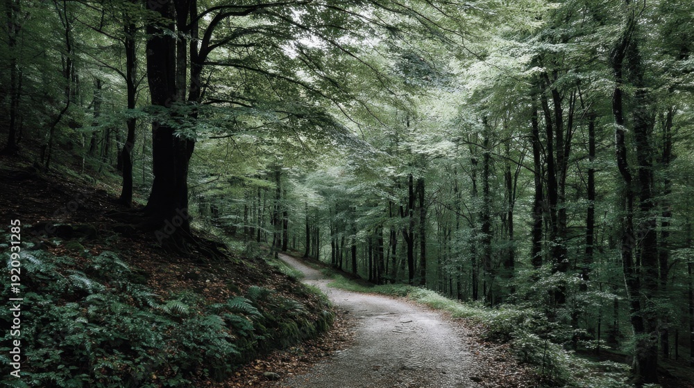 Fototapeta premium Serene Forest Path Surrounded by Lush Green Trees in a Tranquil Natural Landscape Ideal for Nature Lovers and Outdoor Adventures