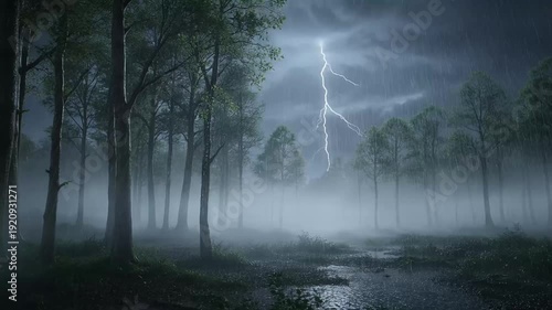 A dramatic landscape image of a forest scene with lightning strikes and rain