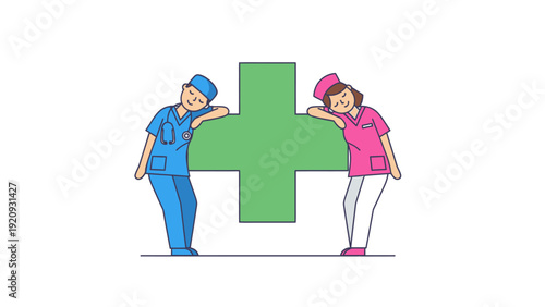Medical Team Support: Doctor and Nurse Leaning on Green Health Cross Symbol. Healthcare professionals collaboration vector illustration.