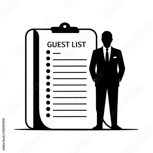 Silhouette of a businessman standing beside a large clipboard showing a guest list.