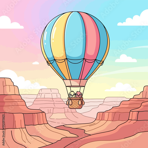 Cute Cartoon Birds Flying in a Hot Air Balloon Over a Grand Canyon Landscape at Pastel Sunset - Whimsical Travel Adventure Illustration