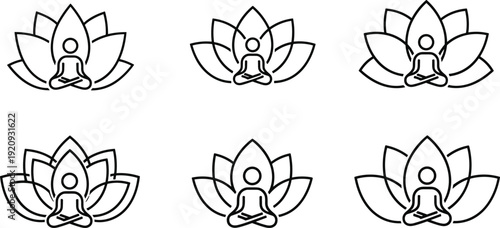 Collection of Minimalist Yoga Lotus Pose Icons Featuring Human Silhouette Meditating Inside Zen Floral Petals for Wellness and Mindfulness Branding