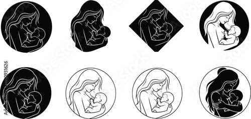 Collection of Minimalist Breastfeeding Mother Icons Featuring Maternal Silhouette Nursing an Infant for Maternity Care Wellness and New Parent Branding