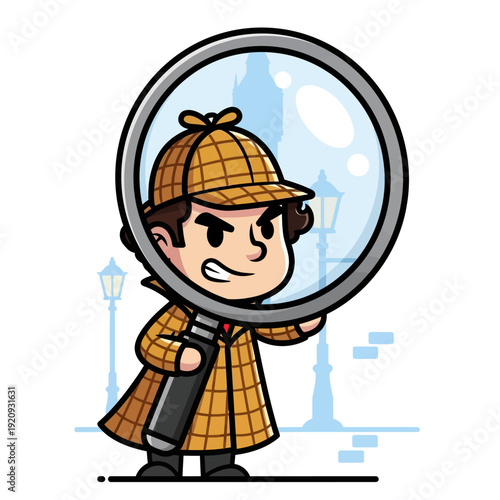 Cute Cartoon Detective with Magnifying Glass. Vector Icon of Investigator Searching for Clues, Research, Analysis, or Problem Solving Concept.