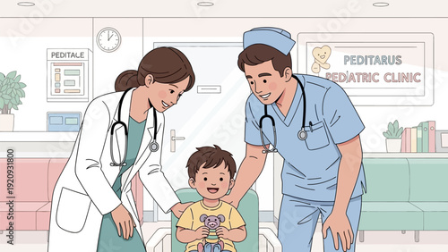 Pediatric Doctor and Nurse Comforting Happy Child Patient in Clinic. Friendly Medical Team and Kid Checkup Illustration.