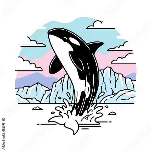 Orca (Killer Whale) Jumping Out of Water Line Art Illustration with Icebergs. Retro Pastel Arctic Ocean Vector Design.