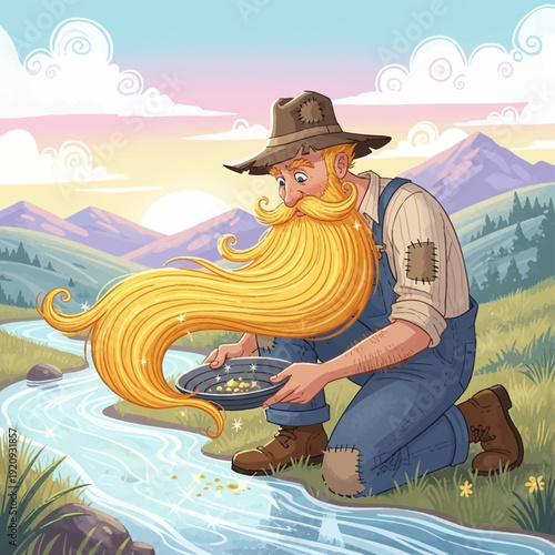 Cartoon Gold Miner Character Panning for Nuggets with a Long, Flowing Golden Beard