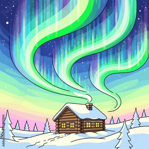 Cartoon Illustration of Northern Lights (Aurora Borealis) over a Cozy Log Cabin in a Snowy Winter Wilderness