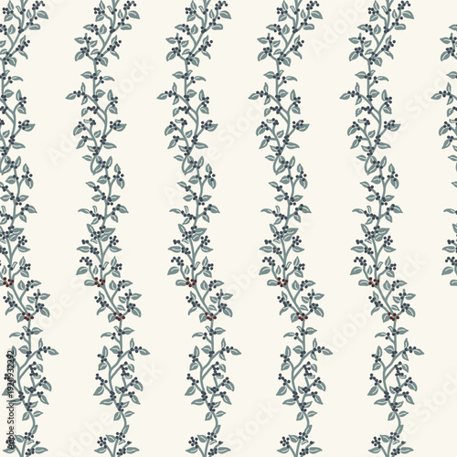 Modern Traditional Vertical Vines of Sage Green Leaves and Navy Blue Berries on an Ecru Cream Background