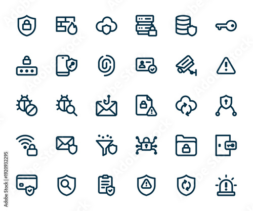 Cybersecurity and data protection icons set, secure lock shield cloud firewall phishing malware alert, outline vector dark UI