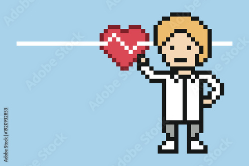 Cartoon doctor or scientist man care medical decoration pharmacist uniform with hospital,8 bit,man,pixel,background.