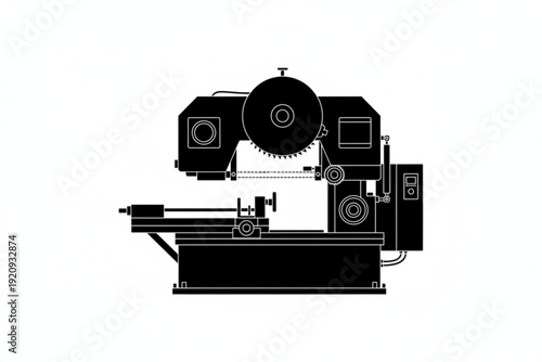 Precision Steel Cutting Machine: A monochrome illustration showcases a heavy-duty industrial band saw, its sharp blade poised for precise metal cutting.