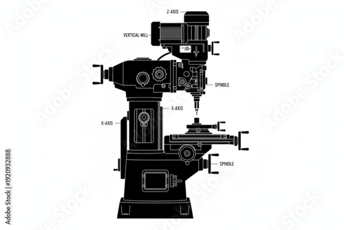 Precise Engineering: An expertly rendered illustration showcases a milling machine, emphasizing its intricate components and axes.