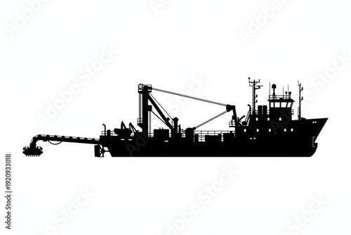 Dredger silhouette against white background: A striking silhouette of a large industrial dredger, a powerful vessel used for excavating submerged materials, standing in stark contrast. 