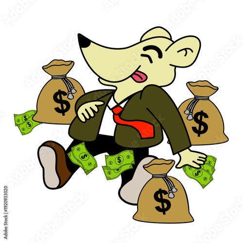 This satirical political cartoon depicts a corrupt rat. The rat is obese with a potbelly, wearing a tight, expensive black suit and a red tie. He has a greedy expression. Around his feet are several l