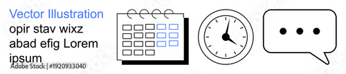 Scheduling, time tracking, communication design, project planning, event coordination, productivity tools. A calendar, clock and speech bubble. Scheduling and time tracking concept