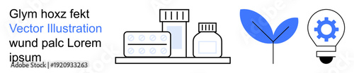 Healthcare, eco-friendly solutions, pharmaceutical industry, innovation, medication branding, research. Pill bottles, soap leaf lightbulb. Healthcare and eco-friendly solutions concept