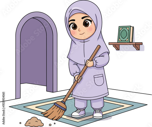 A young Muslim girl cleaning the prayer room during Ramadhan, illustration, indoors, frontal view