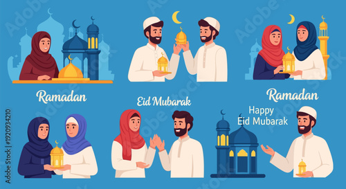 Ramadan and Eid Mubarak Celebrations Set: Muslim Families & Friends with Mosques, Lanterns, and Crescents for Islamic Holy Month Graphics