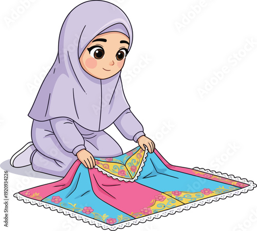 A young Muslim girl prepares for Ramadhan, sitting with a prayer mat, focusing on devotion and islamic practices.