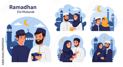 Happy Muslim Couples and Friends Celebrating Ramadhan and Eid Mubarak with Mosque Backgrounds Vector Illustration