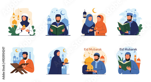 Ramadan and Eid Mubarak Muslim People, Islamic Culture Celebrations, Reading Quran, and Traditional Lanterns Flat Vector Illustrations Set