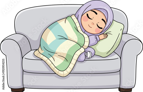 A serene Muslim girl resting during Ramadhan on a couch, vector illustration