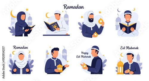Muslim Characters Celebrating Ramadan and Eid Mubarak with Islamic Elements Vector Set