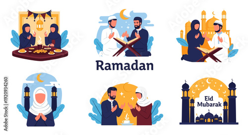 Ramadan and Eid Mubarak Celebrations Vector Illustrations Set: Fasting, Prayer, Quran Reading, and Festive Gatherings