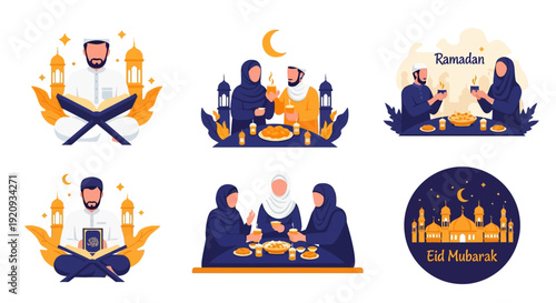 Ramadan & Eid Mubarak Celebrations Vector Set: Muslim Prayer, Iftar, & Community Gatherings