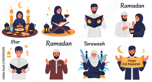 Ramadan & Eid Mubarak: Islamic Celebrations, Worship, Iftar & Taraweeh with Muslim Men and Women Flat Vector Illustrations