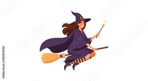 Happy Witch Flying on Broomstick with Magic Wand - Halloween Vector Character Illustration