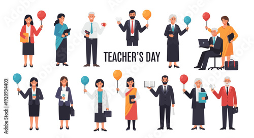 Happy Teacher's Day: Diverse Educators Celebrating with Balloons and School Supplies - Vector Illustration Set