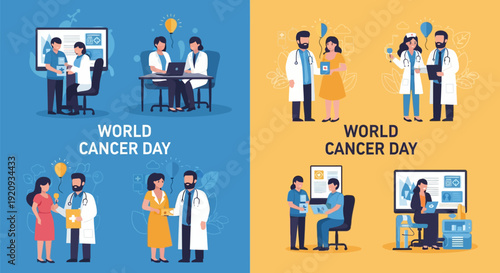 World Cancer Day Awareness & Support: Doctors, Nurses, Patients & Research. Global Healthcare & Prevention Flat Vector Illustration Collection.