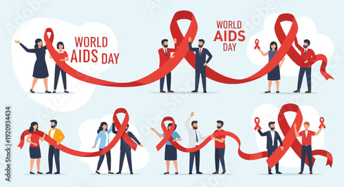 World AIDS Day Awareness Illustration with Diverse People Holding Red Ribbons