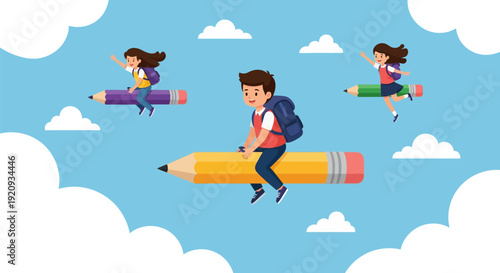 Joyful School Children Flying on Pencils in Sky - Educational Imagination, Learning Journey, Back to School Concept