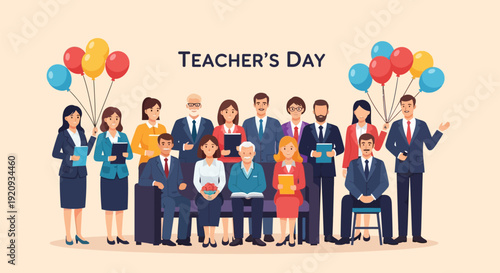 Teacher's Day Celebration: Diverse Group of Educators and School Staff with Balloons, Honoring Professionalism and Dedication