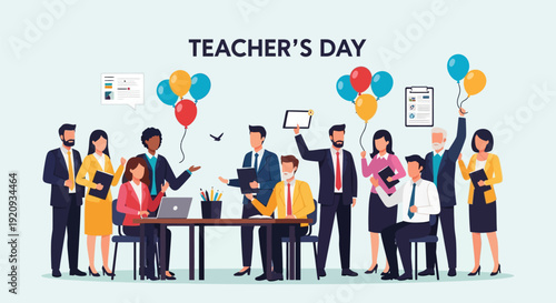 Happy Teacher's Day Celebration: Diverse Group of Educators and Professionals Showing Appreciation and Community Spirit in an Educational Setting