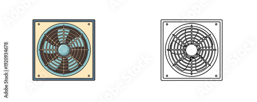 Square exhaust fan with protective grille and line art version represents ventilation equipment for bathroom or kitchen on white background