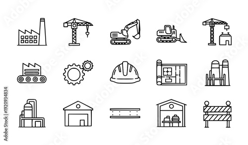 Industrial and Construction Outline Icon Set Vector for Manufacturing and Heavy Industry
