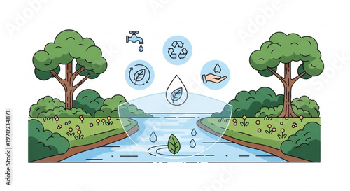 Eco friendly environment with water recycling and conservation icons floating above river