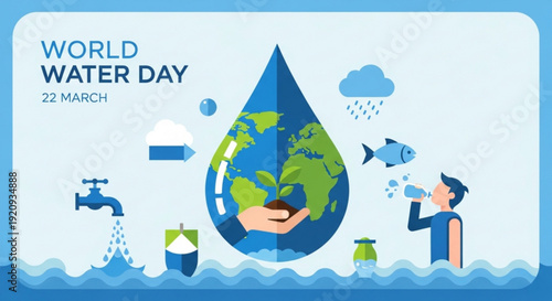 World water day poster with earth in a water droplet and eco friendly icons