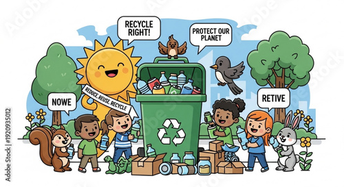 Children and animals promote recycling and environmental protection together outdoors