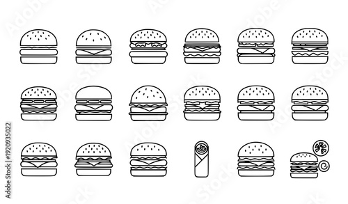 Diverse Burger Icons Vector Minimal Outline Fast Food Symbols for Web and Print