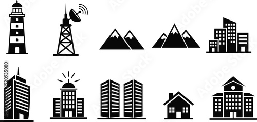 City landmarks and infrastructure icons set, lighthouse radio tower mountains skyscrapers house school vector silhouette illustration collection