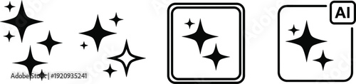Sparkle icon collection, twinkle vector design, clean effect artwork, magic enhancement symbol, black and white graphic, decorative UI element