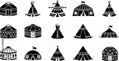 Traditional dwellings vector icon set, black silhouette illustrations of Mongolian yurts, Native American tipis, nomadic tents, and geodesic domes isolated on white,